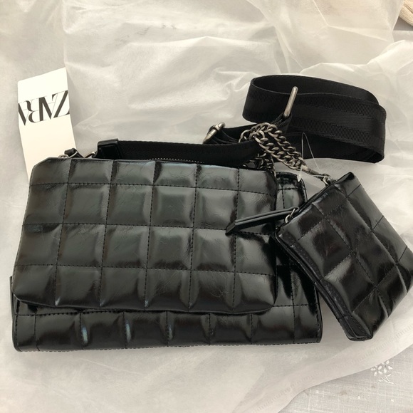 Zara black quilted triple crossbody wallet - Picture 3 of 13